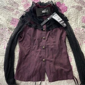Elegant Lace Trim Burgundy Blouse
